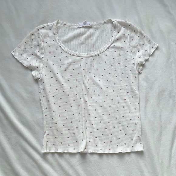 White and pink waffle knit lettuce trim tee - Picture 1 of 8